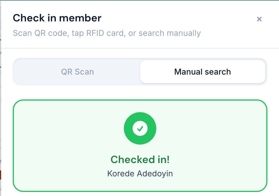 Gym OS check-in confirmation screen