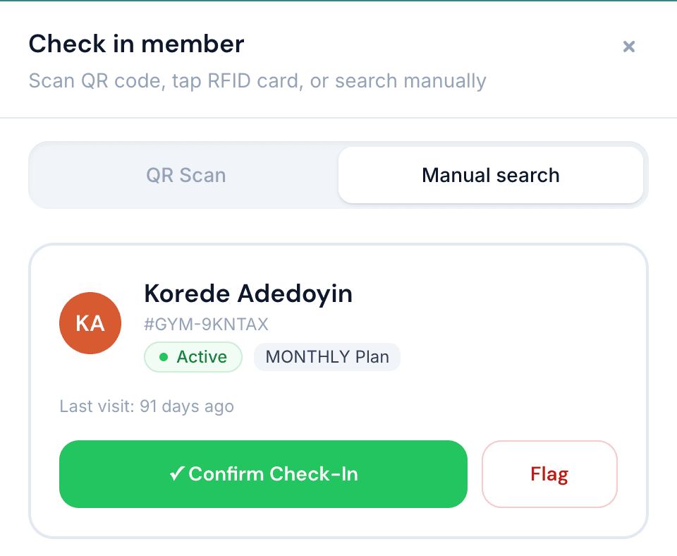 Gym OS check-in flow showing a member's status, plan and last visit before confirming