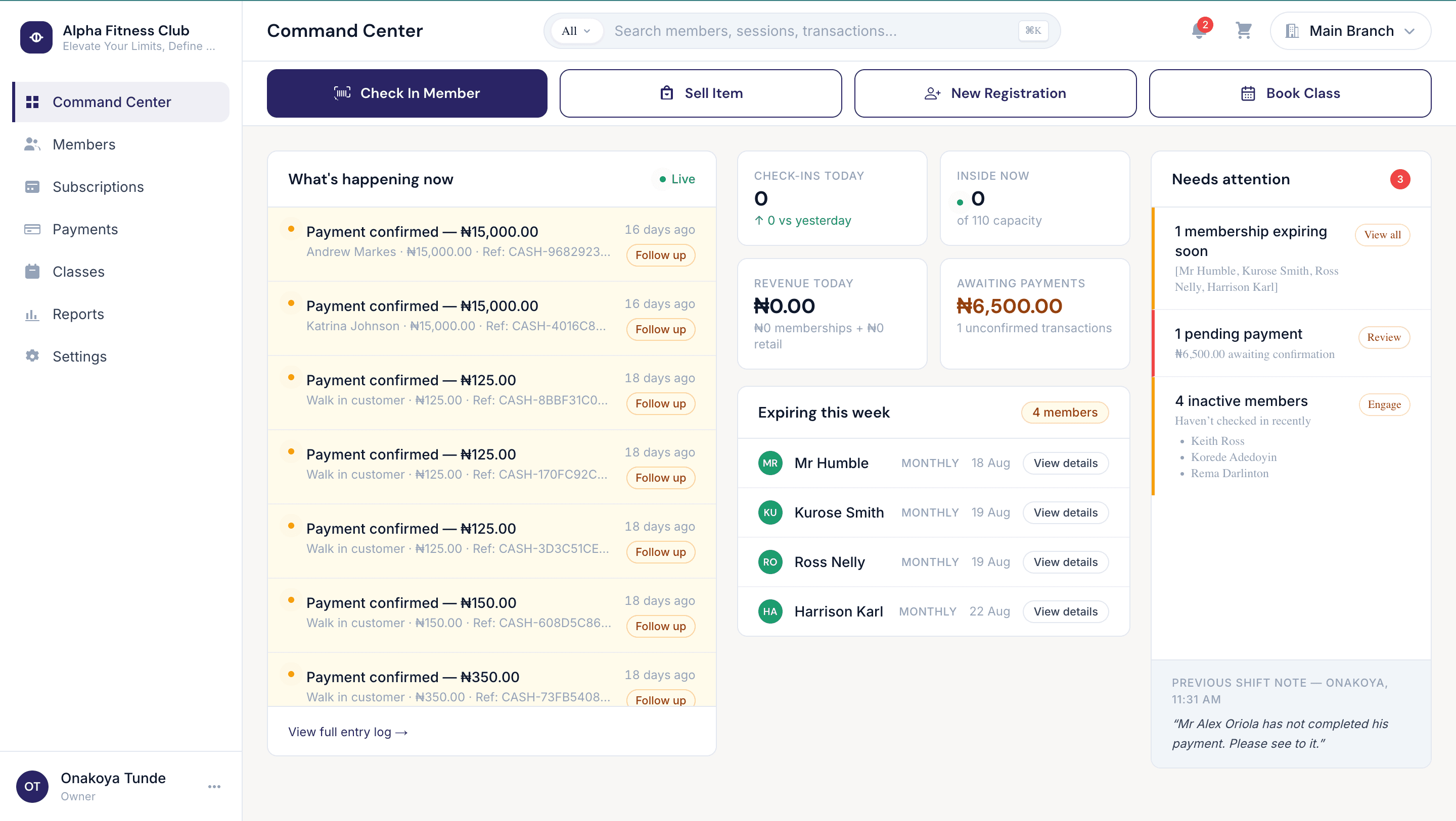 Gym OS command center showing live check-ins, revenue today, and a needs-attention list
