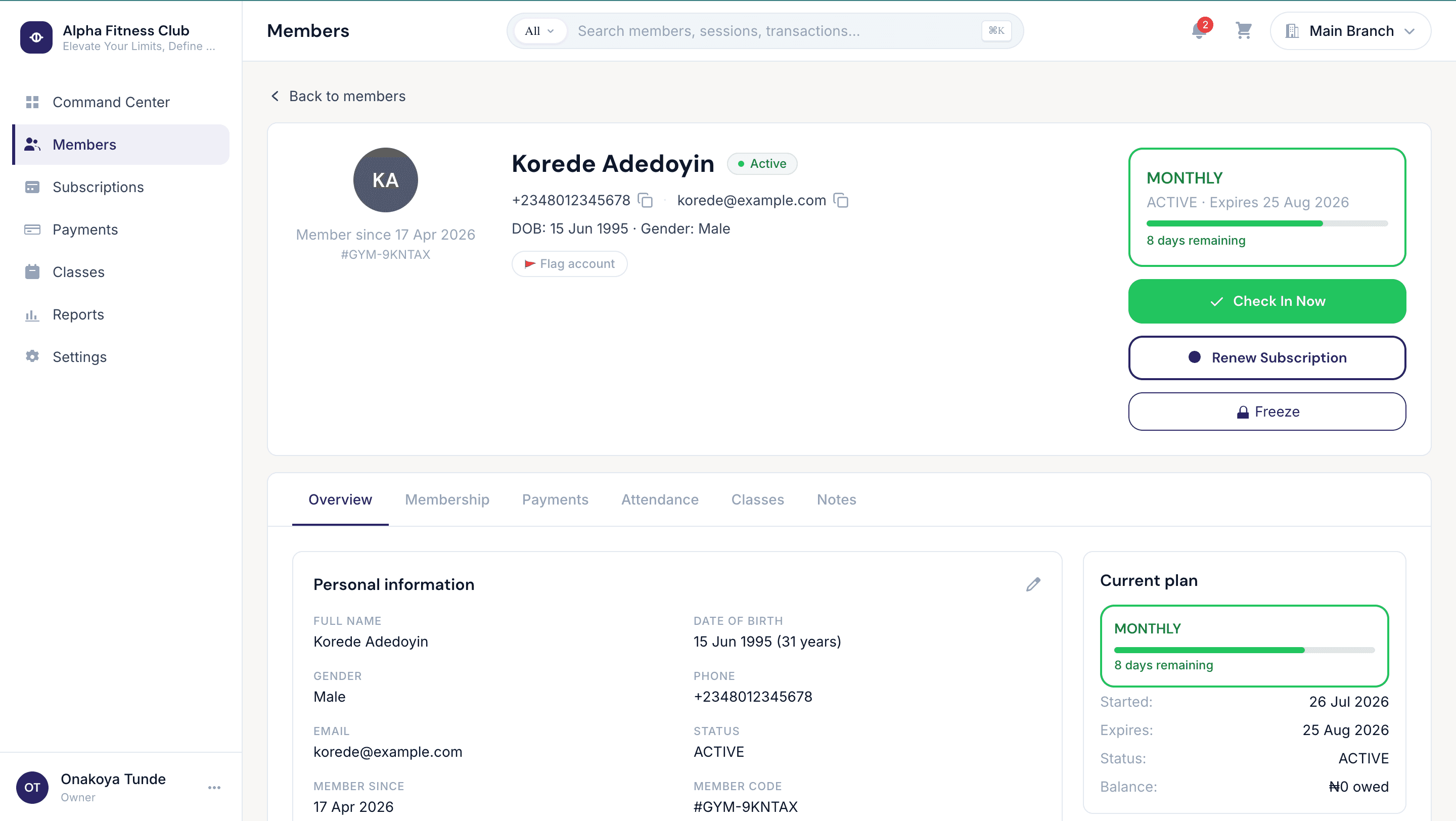 Gym OS member detail page showing subscription status and visit history